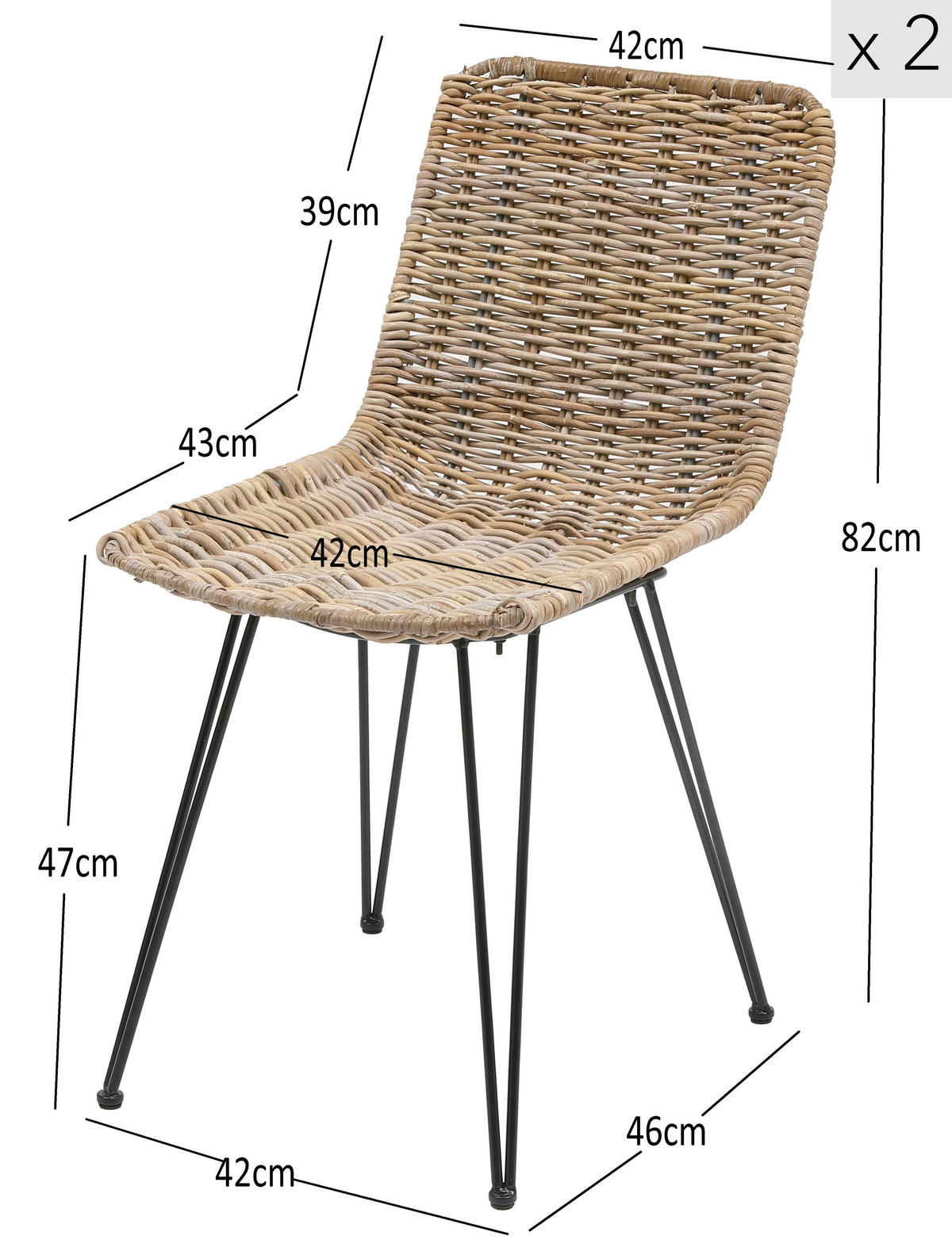 STUHL 2er-Set Rattan Braun - Braun, Holz (42/82/46cm) - Nordlys