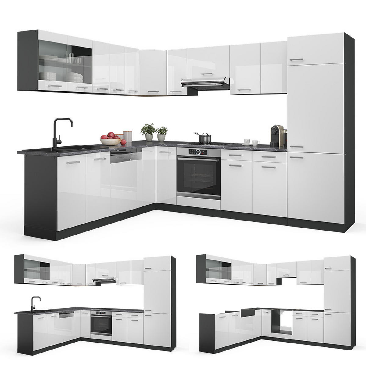 ECKKÜCHE R-Line Weiß Hochglanz/Anthrazit 227 x 287 cm ohne AP - Weiß Hochglanz/Anthrazit, Holzwerkstoff (287/81.6/46cm) - Vicco