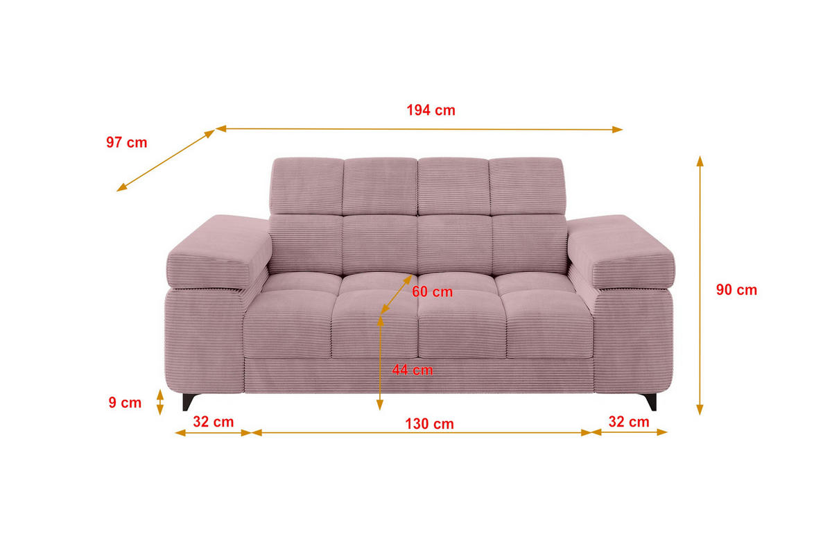SOFA 2-Sitzer LORD-S1 194x97x90 cm Rosa Cord - Rosa, Holzwerkstoff/Textil (194/90/97cm) - ALTDECOR