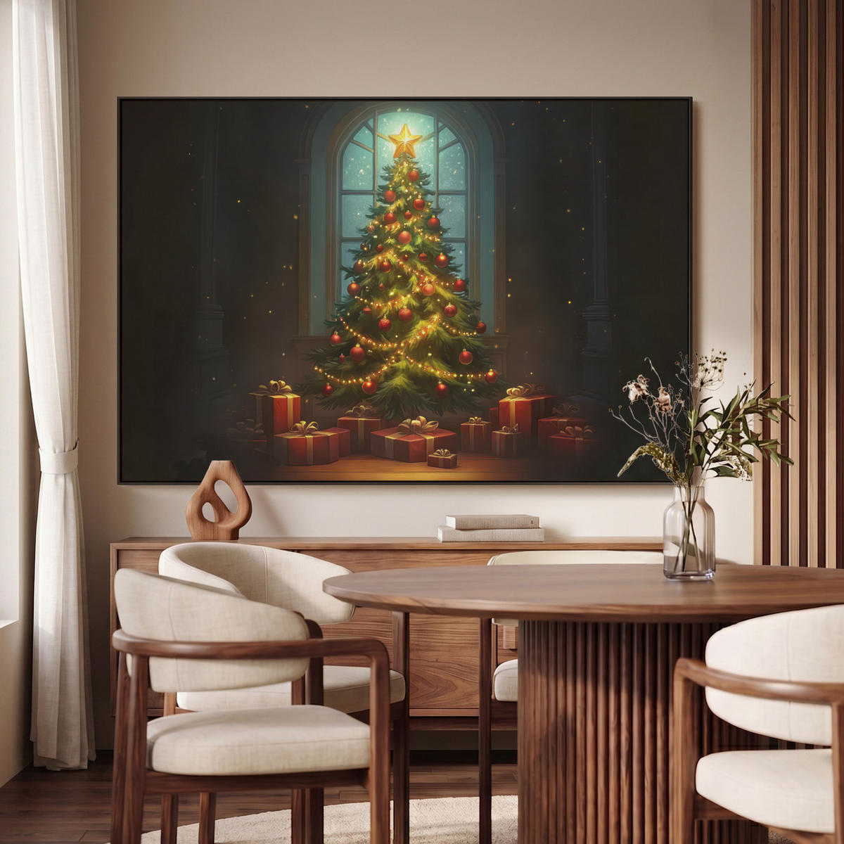 LEINWAND Bilder mit Rahmen - Weihnachtsbaum - Geschenk - Winter - 120x80 - Grün, Textil (120/80cm) - MuchoWow