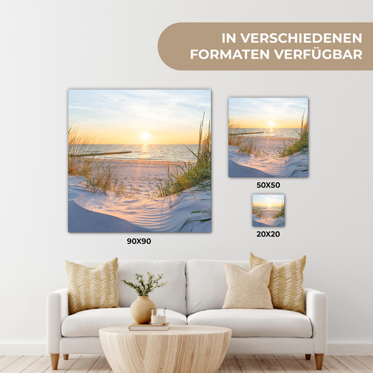 LEINWANDBILD Strand - Sonne - Düne - Gras - Sand - Horizont 20x20 cm - Hellblau, Textil (20/20cm) - MuchoWow