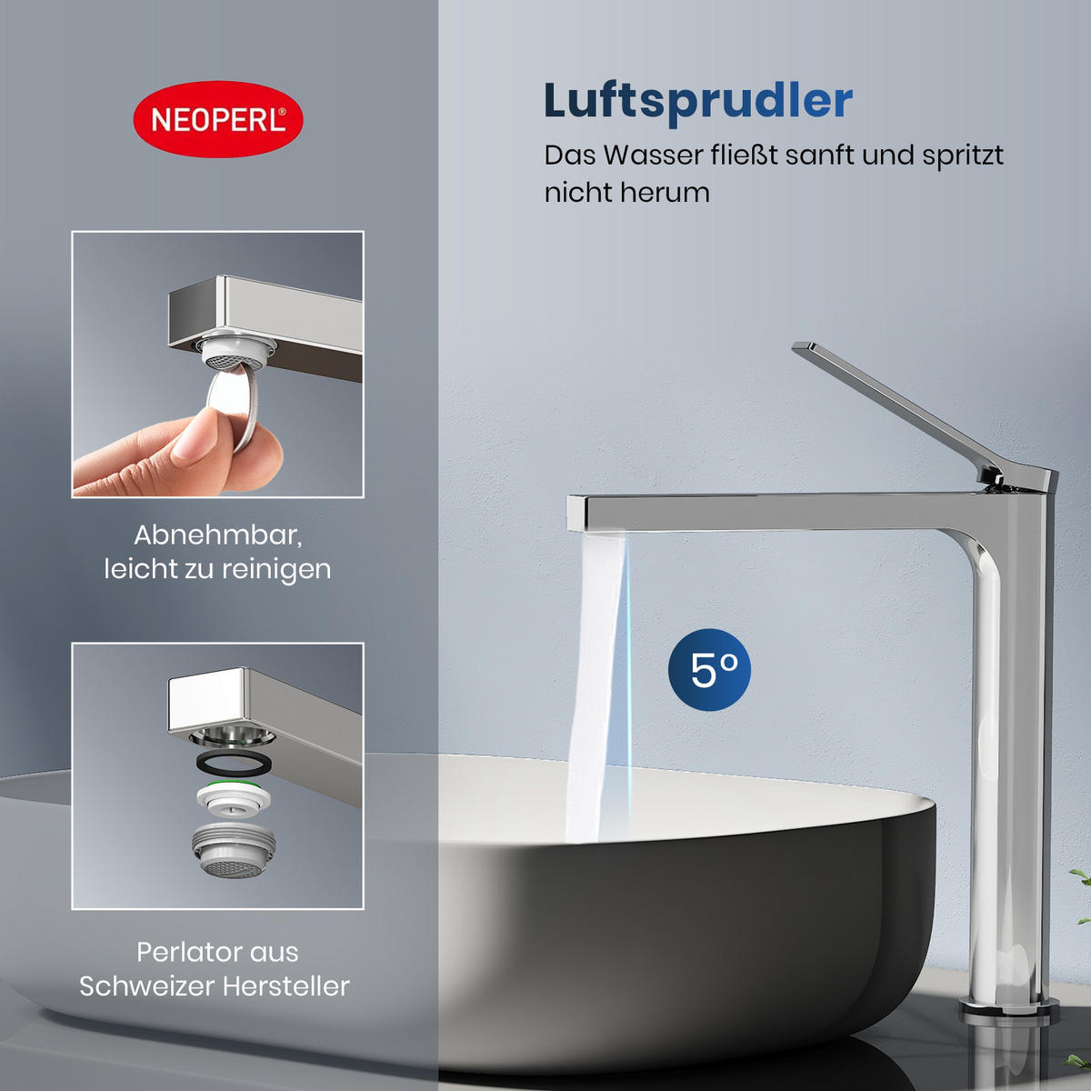WASCHTISCHARMATUR mit Zertifiziertem Filterelement Verchromt Hoher Stil - Chromfarben, Metall (23.3/4.6/33.5cm) - EMKE