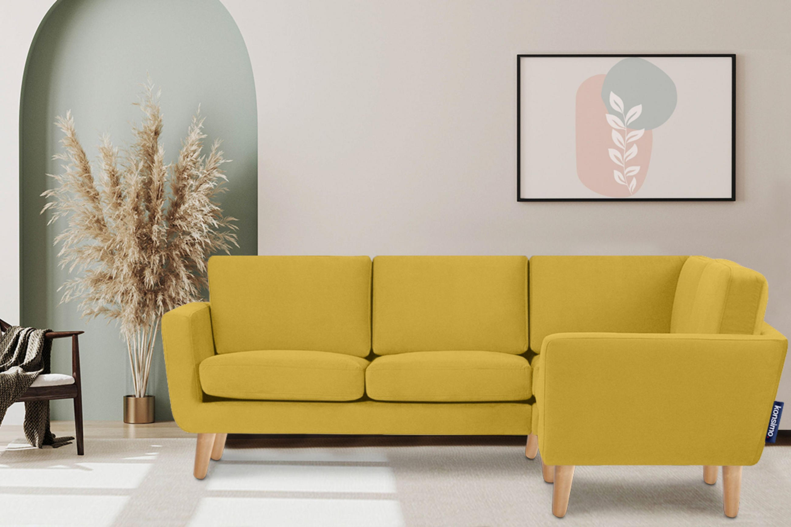 Thumbnail - Konsimo® Ecksofa-Rechts, Gelb, Textil, L-Form, 220x181 cm, FSC 100%, Hergestellt in Europa, Wohnzimmer, Sofas & Couches,...