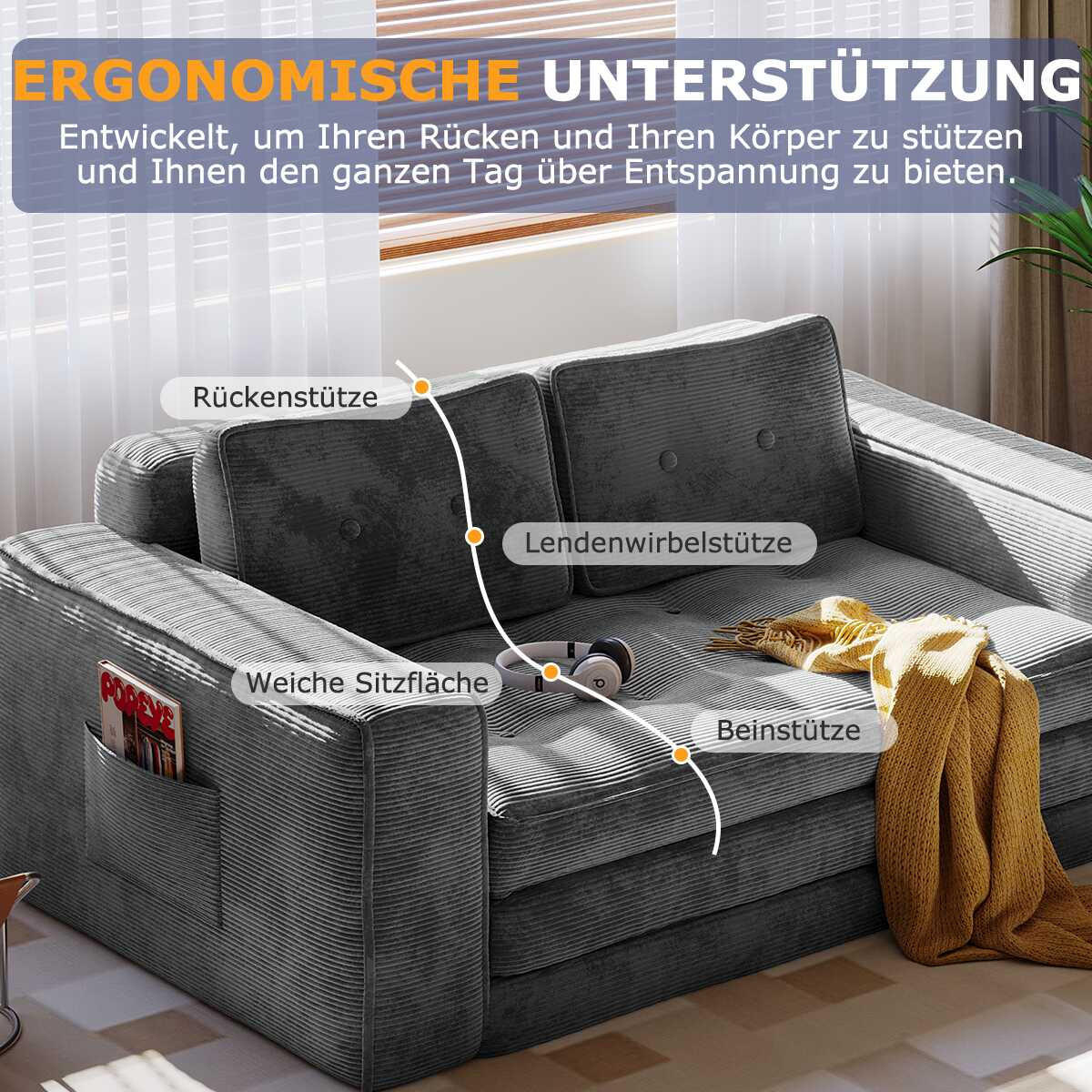 SOFA 2-Sitzer, 143 CM, mit 2 Kissen und Armlehnen,für Wohnzimmer, Schlafzimmer,aus Cord,Grau - Grau, Textil (92/42/143cm)