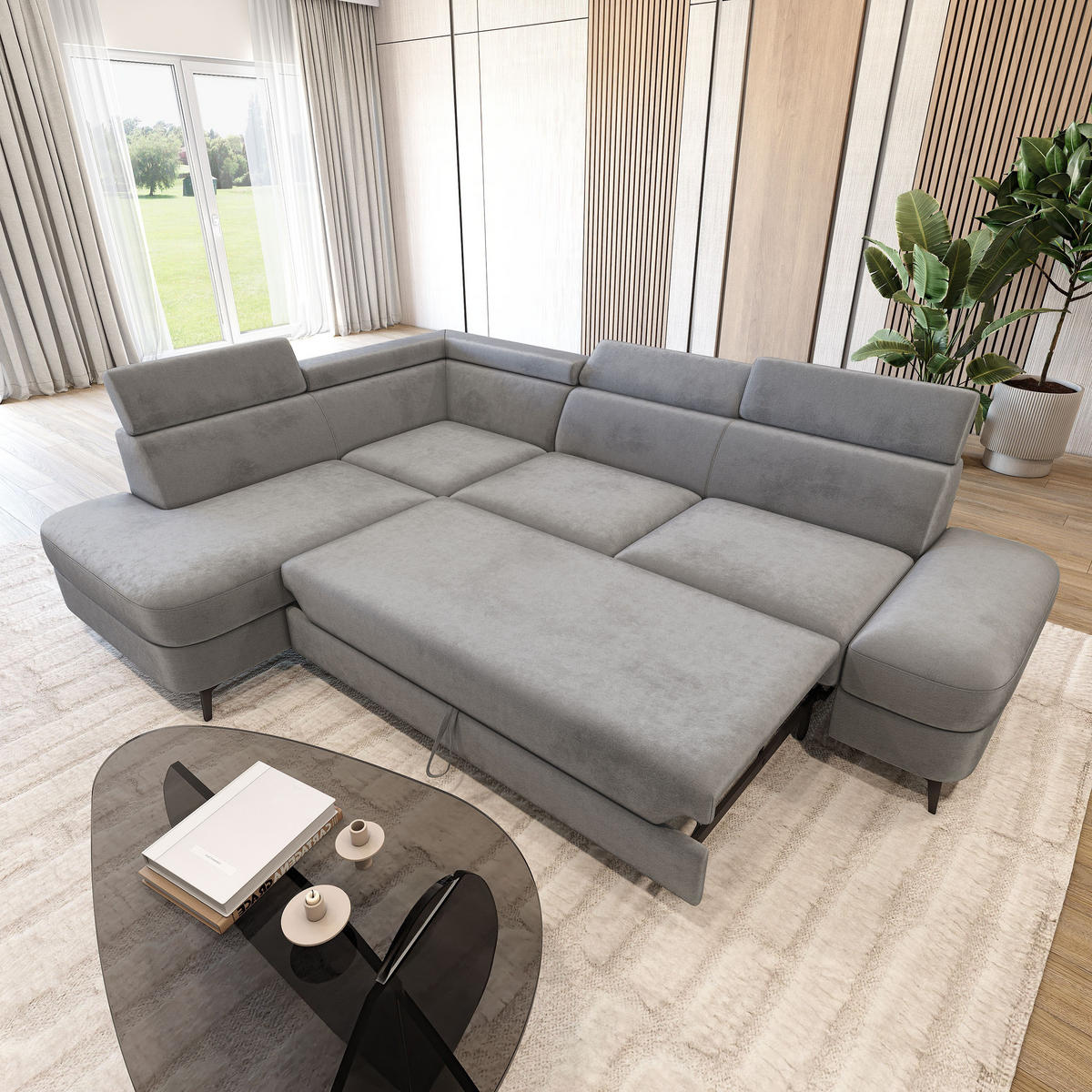 ECKSOFA AVISE M L-S Hellgrau Velours-Stoff mit Schlaffunktion - Hellgrau, Holzwerkstoff/Textil (268/195cm) - MASSENO