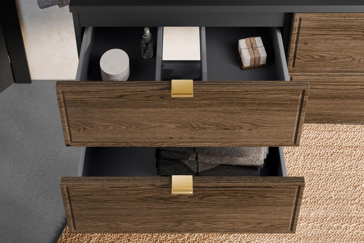 BADMÖBEL-SET 5 Teile - Talia Casella T BM95 in Schwarz Matt/Casella Oak - Hellbraun/Goldfarben, Holz/Metall (80/140/46cm)