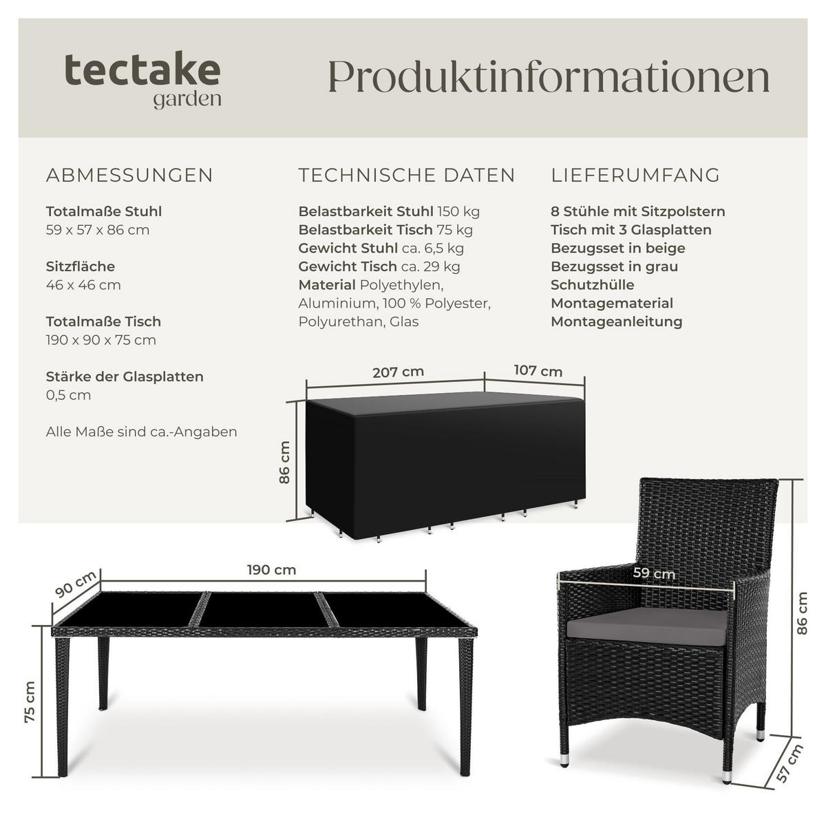 RATTAN-SITZGRUPPE aus Aluminium Menorca, inklusive Schutzhülle, schwarz - Schwarz, Kunststoff - tectake