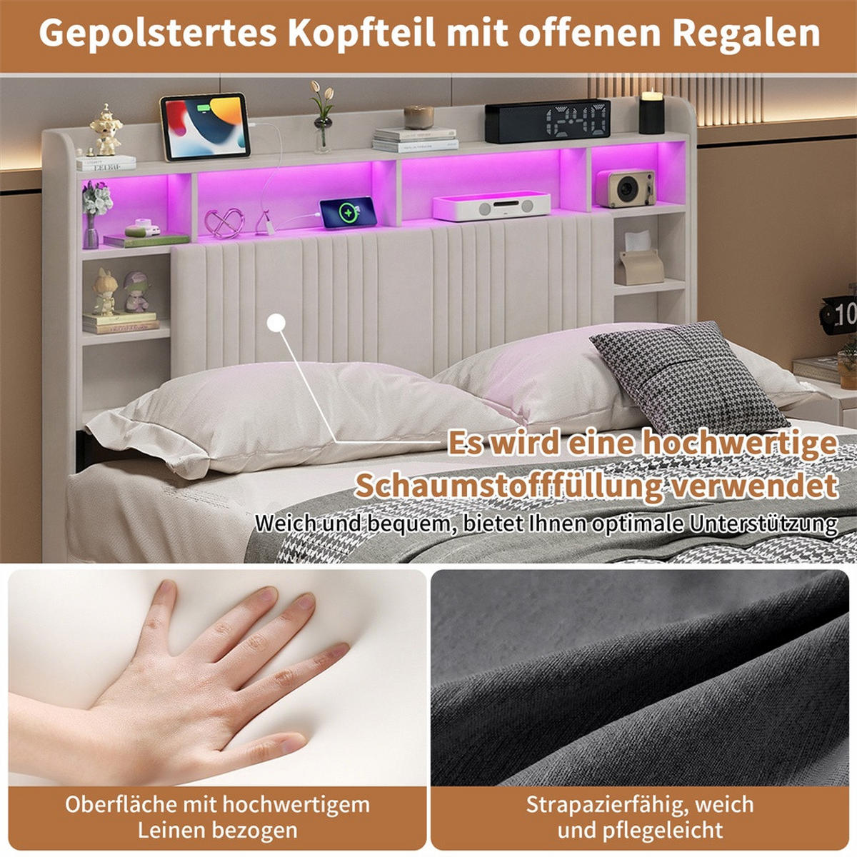 POLSTERBETT 140x200 cm mit LED-Beleuchtung - Kopfteil-Stauraum, Ladestation und hydraulischem Stauraum - Beige - Beige, Textil (140/200cm) - DELFA
