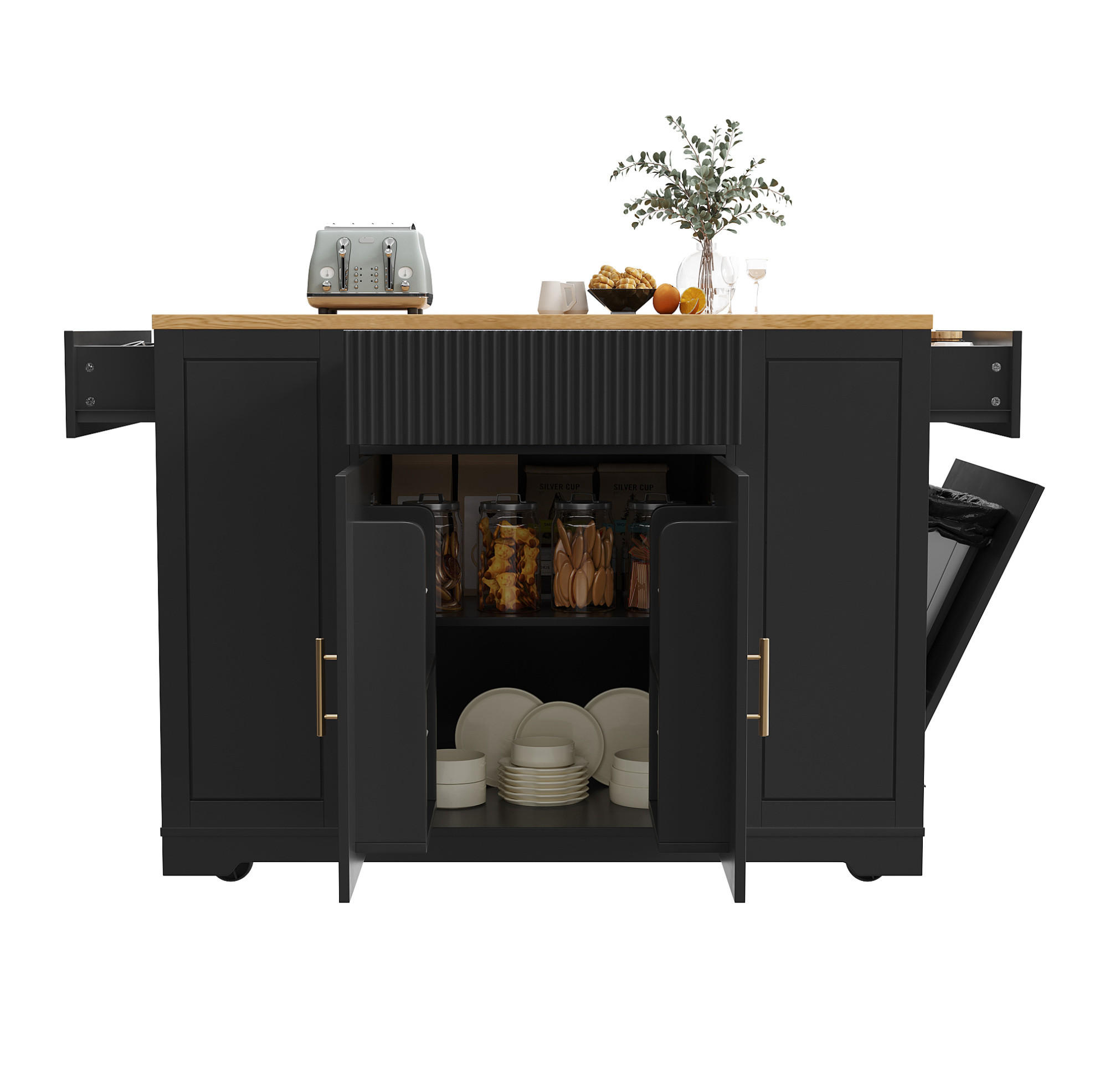 KÜCHENINSEL 120/50/92 cm schwarz aus MDF mit Rollen - Schwarz, Holzwerkstoff (120/92/50cm) - OKWISH