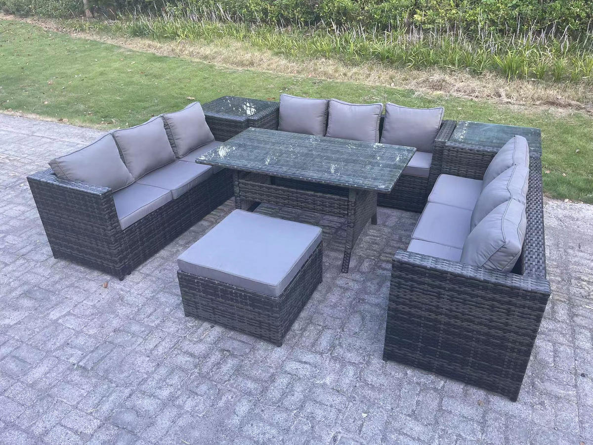 GARTENMÖBEL SET mit Beistelltischen,Esstisch Polyrattan 10-Sitzer - Dunkelgrau/Grau, Glas/Kunststoff - Fimous