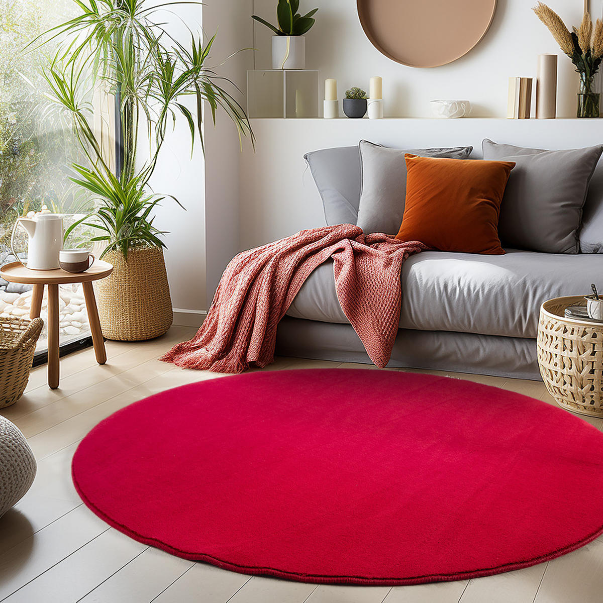 TEPPICH Kurzflor Uni-Farbe Microfaser Antirutsch Wohnzimmer waschbar Rot Rund 120x120 - Rot, Textil (120/120cm) - KADIMA DESIGN