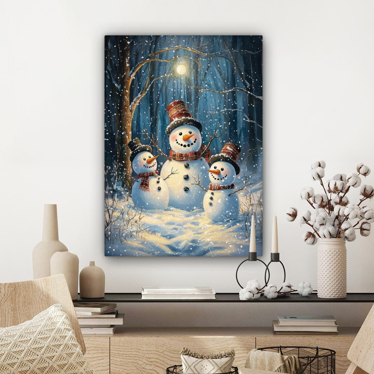 LEINWANDBILD Schneemann - Schnee - Winter - Wald Wandbild Wohnzimmer 60x80 cm - Hellblau, Textil (60/80cm) - MuchoWow
