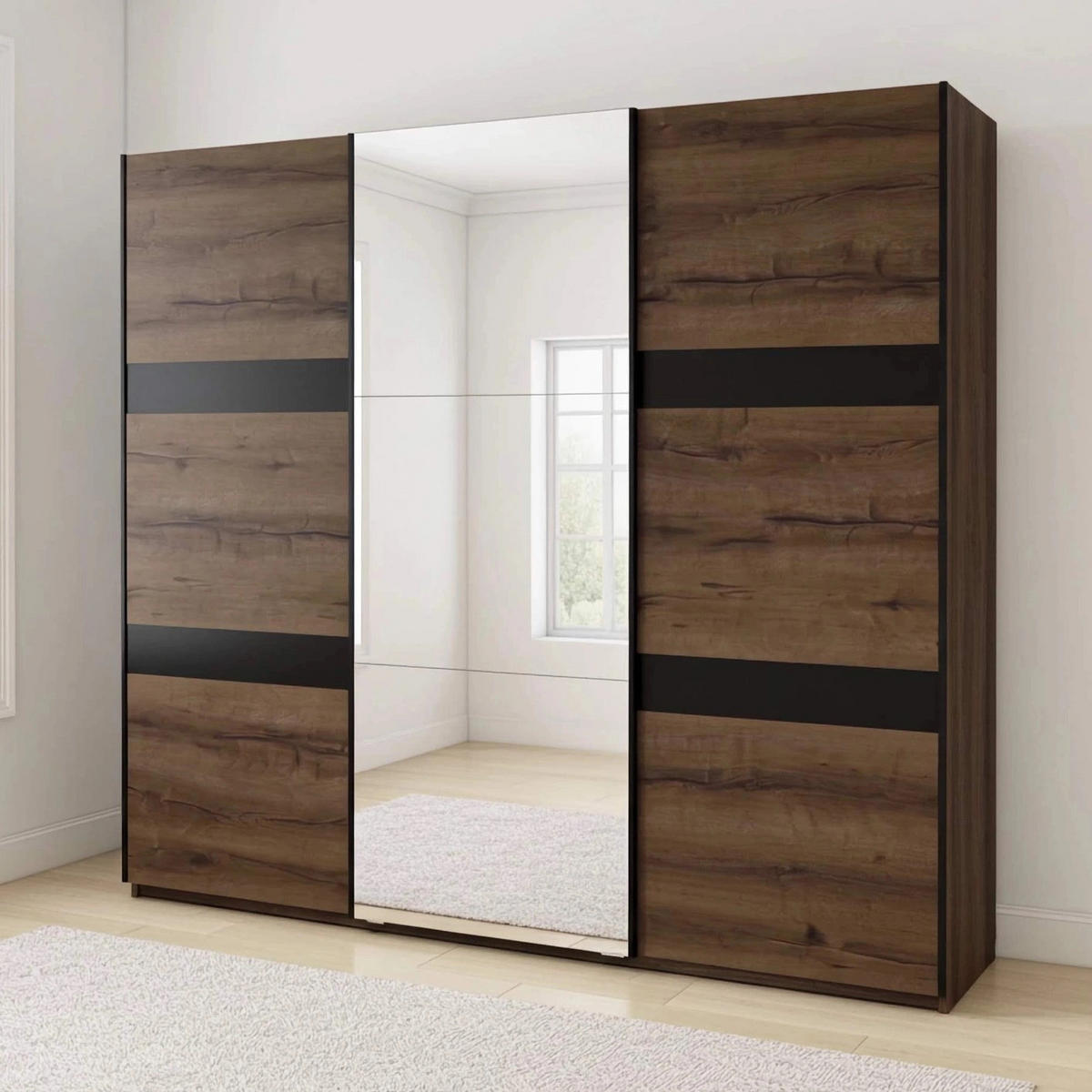 SCHWEBETÜRENSCHRANK Martin 250/215/69 3-türig mit Spiegel - Schwarz Hochglanz/Schwarz, Glas/Holzwerkstoff (250/215/69cm) - Ravio