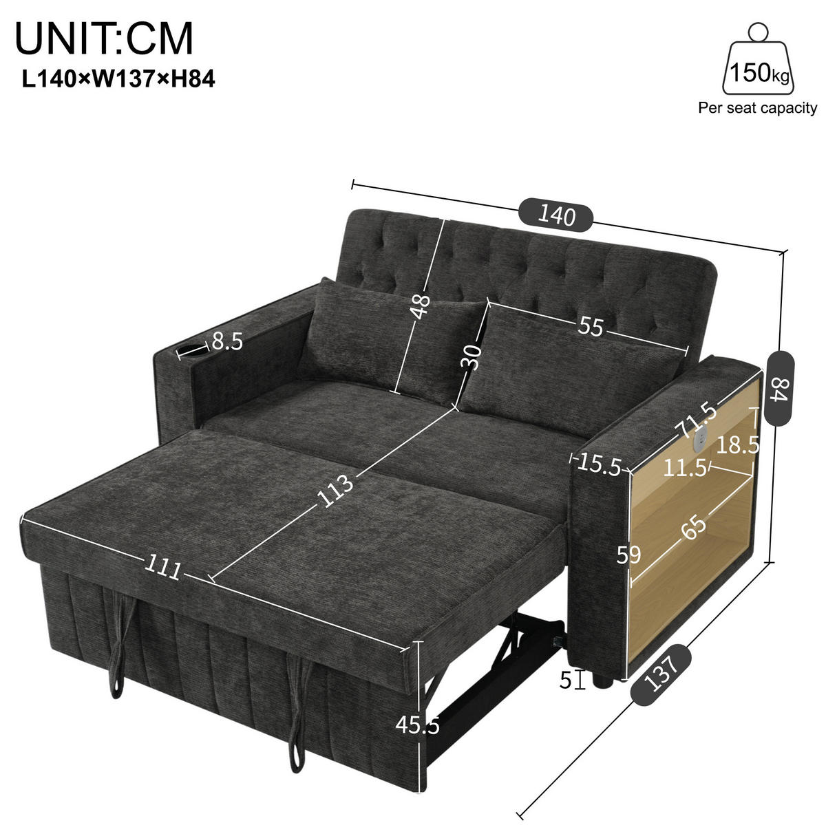 SCHLAFSOFA mit Schlaffunktion 140 x 137 cm Chenille Gray - Grau, Metall (137/84/140cm) - Meubliv