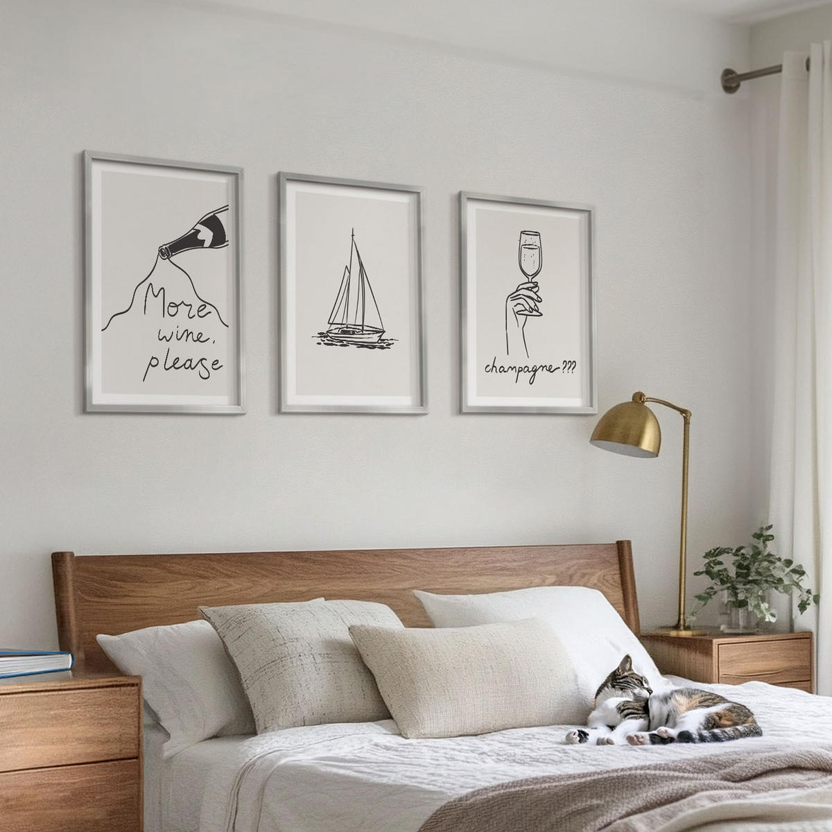 WANDBILDER 3er Set - 40x60 cm Silberner Rahmen - Weinsegelboot-Glas-Linienzeichnung - Silberfarben, Kunststoff (40/60cm) - ArtPrintCave