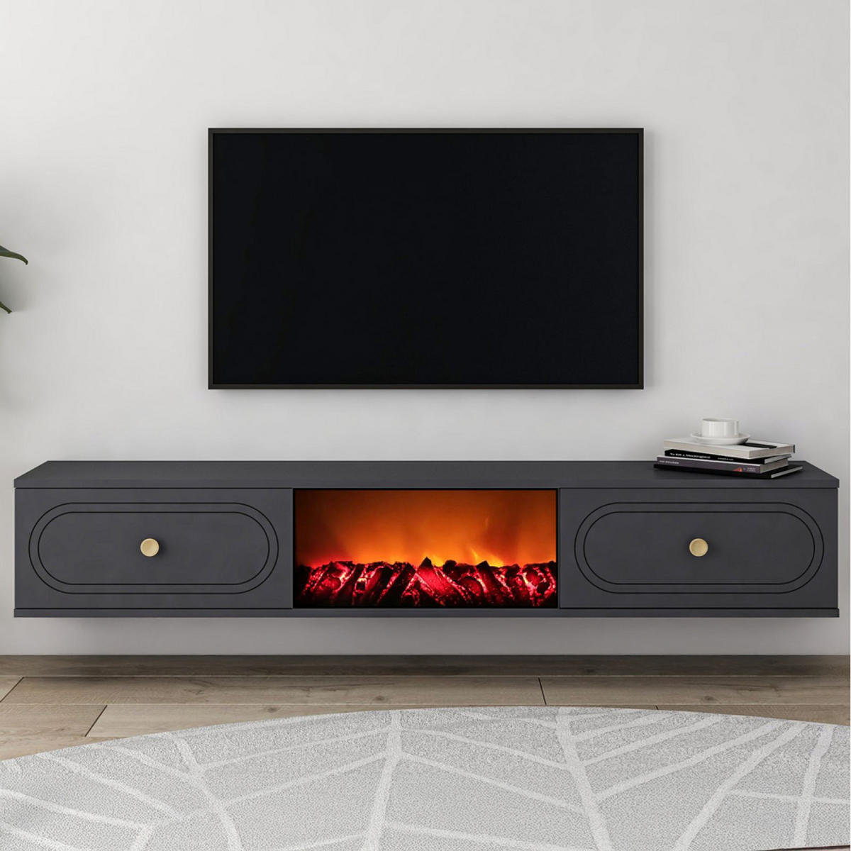 TV-MÖBEL Fyra anthrazit 150 cm im zeitgenössischen Stil mit LED-Kamin - Grau, Holz (150/29/40cm) - Concept Usine