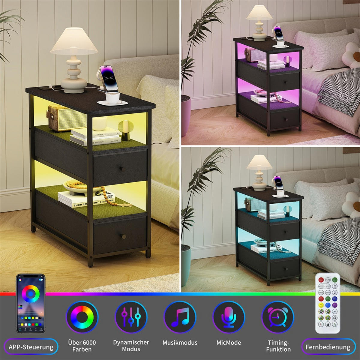 NACHTTISCH mit Ladestation & LED Beleuchtung - Schmaler Nachttisch mit offene Ablagen & 2 Schubladen - Schwarz - Schwarz, Holzwerkstoff (28/60.5/58cm) - DELFA