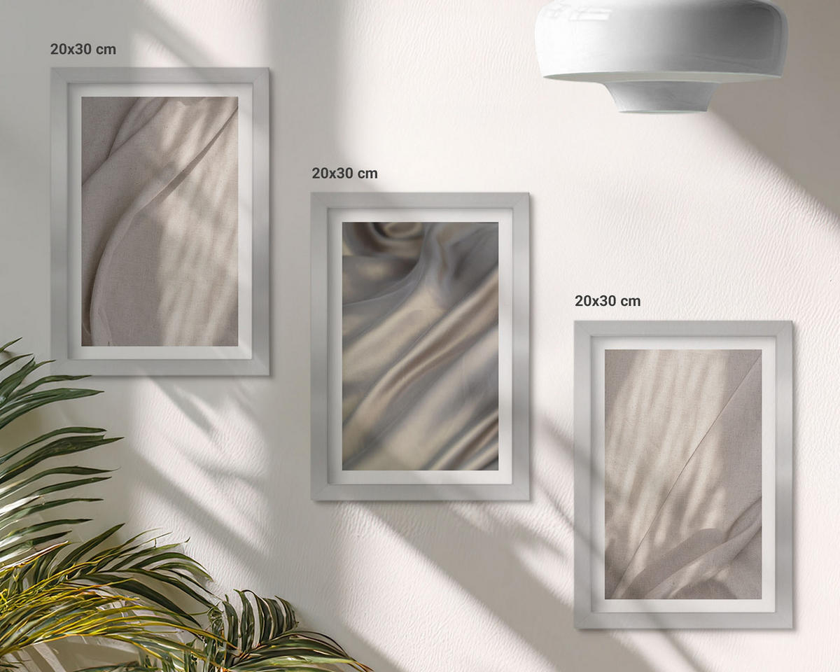 WANDBILDER 3er Set - 20x30 cm Silberner Rahmen - Nahaufnahme von natürlichen Boho-Stoffen - Silberfarben, Kunststoff (20/30cm) - ArtPrintCave
