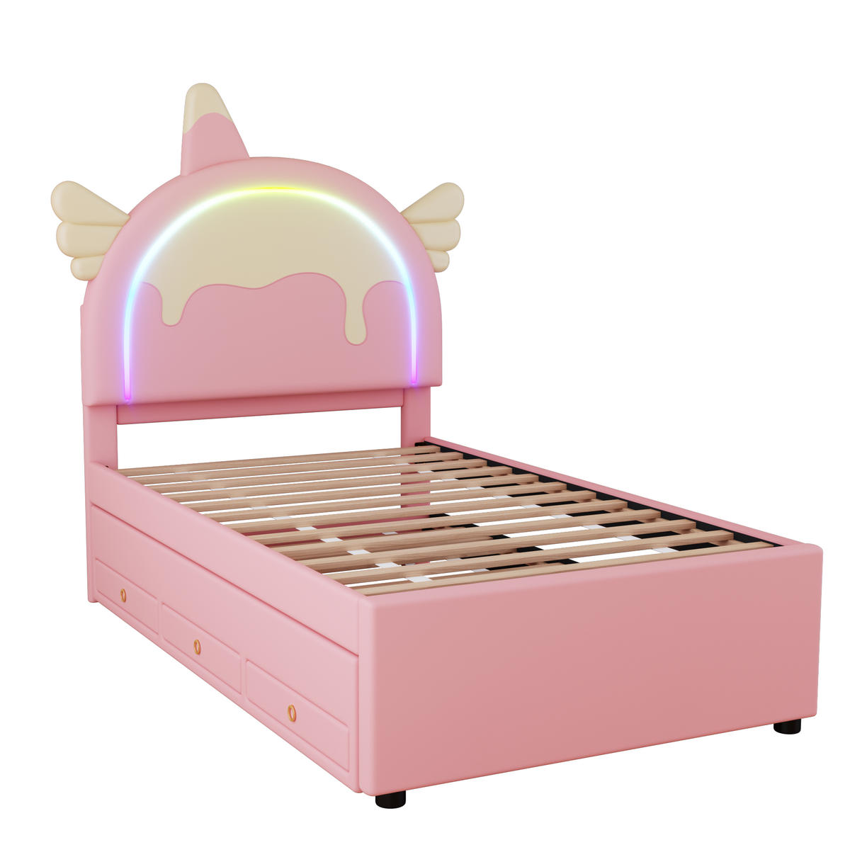 KINDERBETT 90/200 cm Einhornform mit ausziehbarem Rollbett aus PU in Rosa - Rosa, Kunststoff (90/200cm) - OKWISH