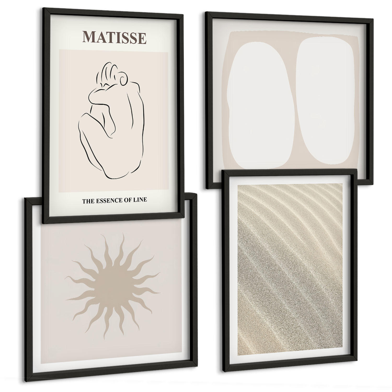 BILDER SET 4er Set - 50x50 cm & 40x60 cm Schwarzer Rahmen - Minimalistische Sandwellen - Schwarz, Kunststoff (50/50cm) - TULUP
