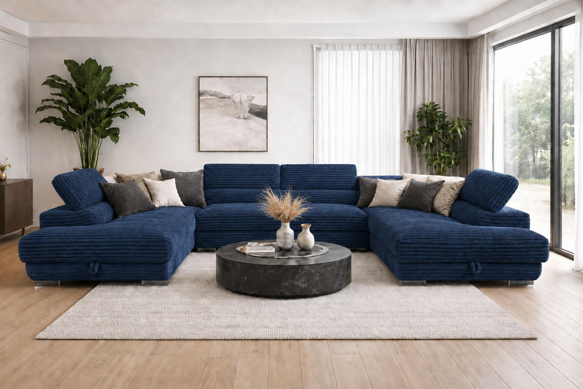 WOHNLANDSCHAFT GUSTAW U 2 Bettkästen, Kopfstützen, Dunkelblau - Dunkelblau, Textil (340/90/205cm) - KS Home Concept