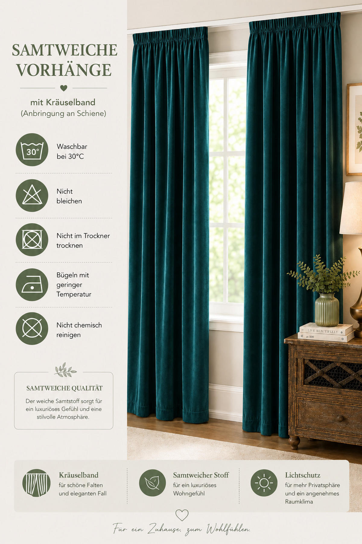 VORHANG Kräuselband Samt 140/145 cm petrol - Petrol, Textil (140/145cm) - TiborTex