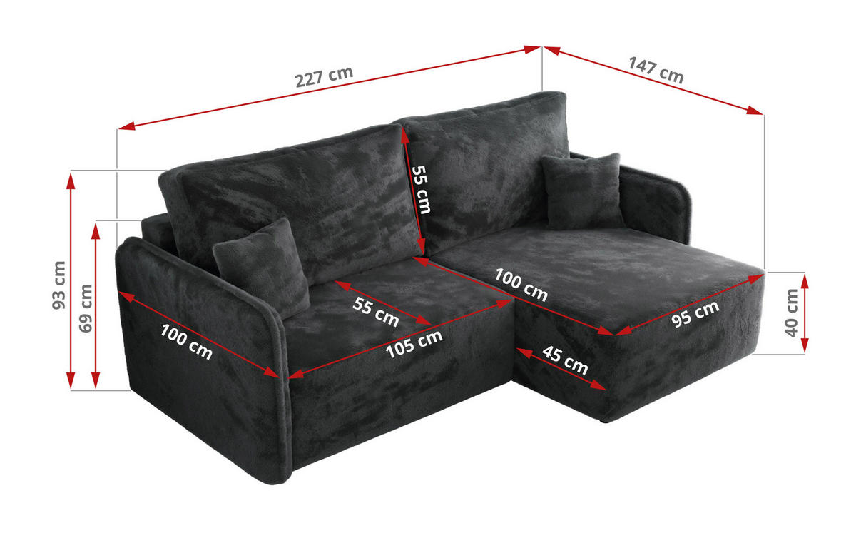 ECKSCHLAFSOFA MESTO L Dunkelgrau Plüsch - rechts - Dunkelgrau/Schwarz, Kunststoff/Textil (147/227cm) - MKS
