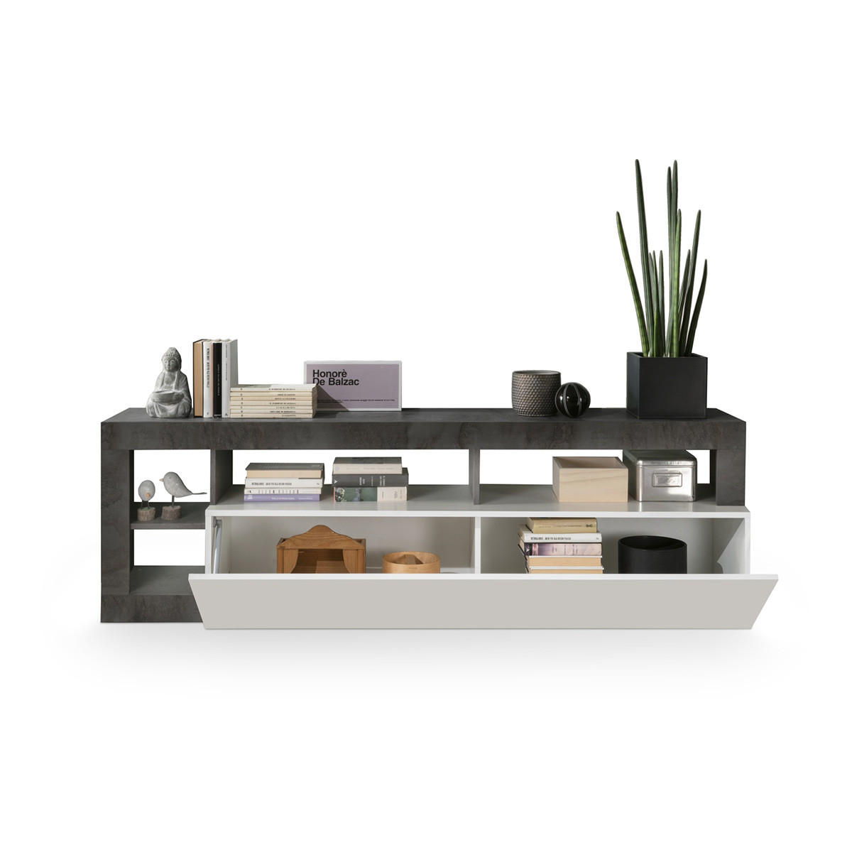 TV-MÖBEL mit 1 Tür & 4 Ablagen - Weiß lackiert & Beton-Optik - SEFRO - Grau, Holz (184/58/42cm) - Vente-Unique
