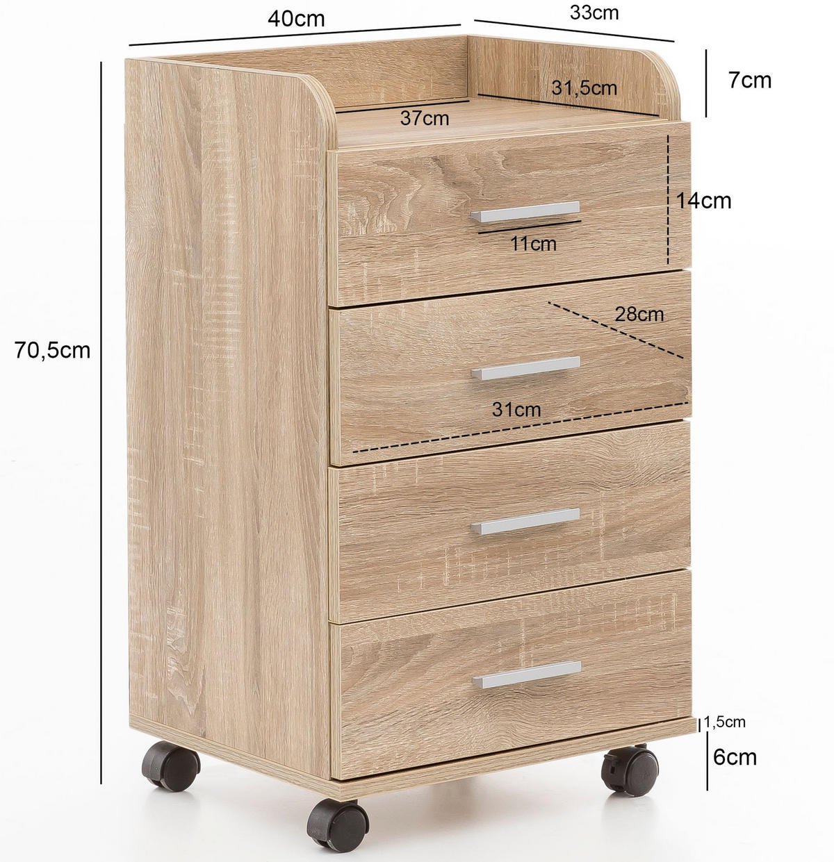 ROLLCONTAINER 4 Schubladen Ablage Melaminbeschichtet ISONZO, Beige 40x33x71 cm - Beige/Schwarz, Holz/Kunststoff (40/71/33cm) - KADIMA DESIGN