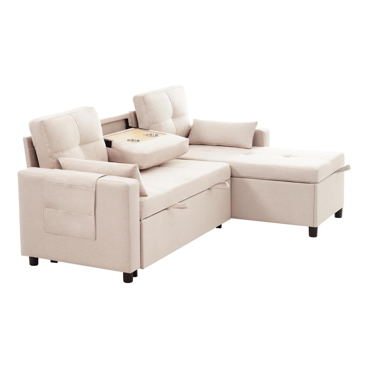 L-FÖRMIGES Schlafsofa aus Leinen mit Stauraum & Getränkehalter, 211/136/87 cm, Beige - Beige, Textil (136/87/211cm) - Redom