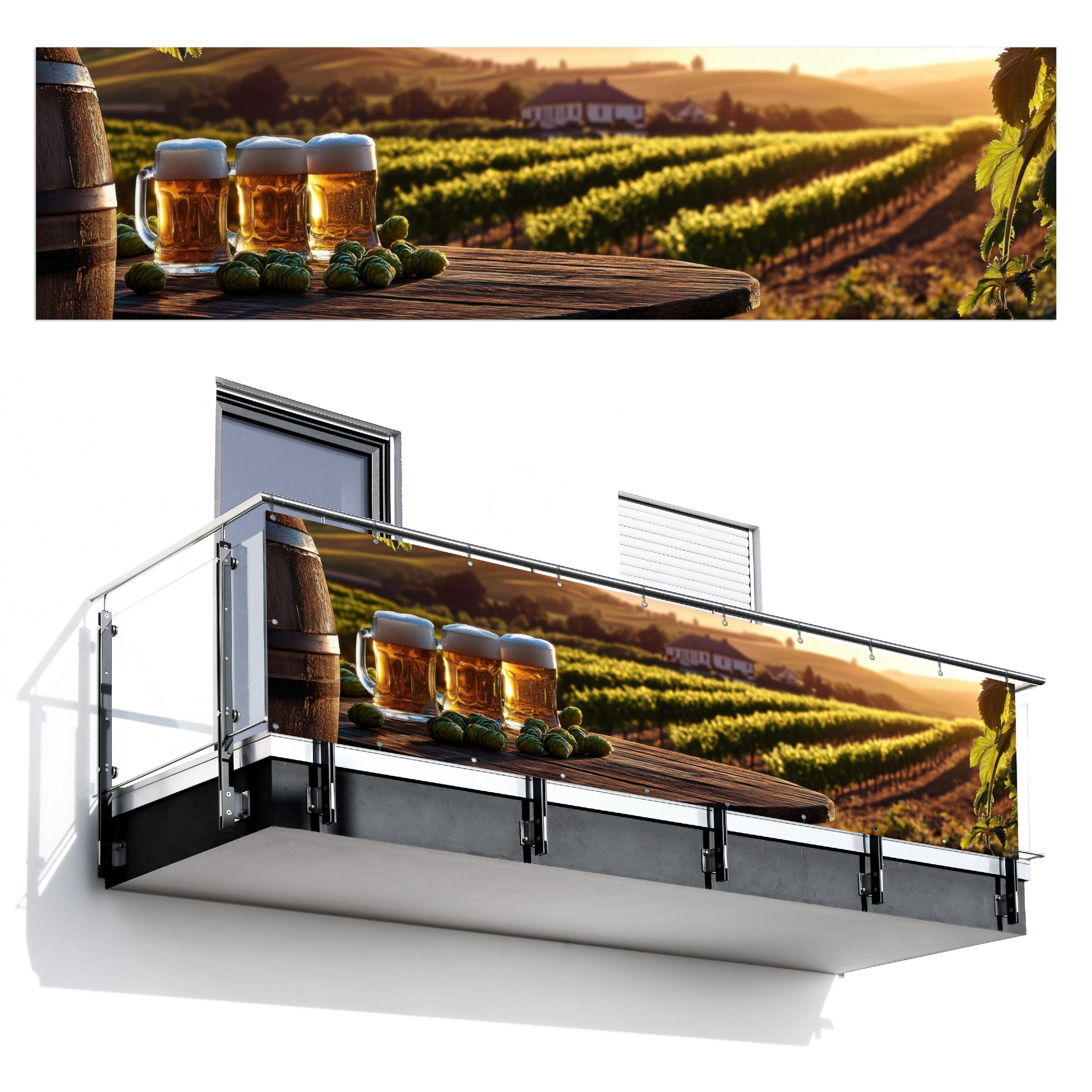 BALKON-SICHTSCHUTZ Bier - Hopfen - Landschaft - Grün, Kunststoff (300/80cm) - MuchoWow