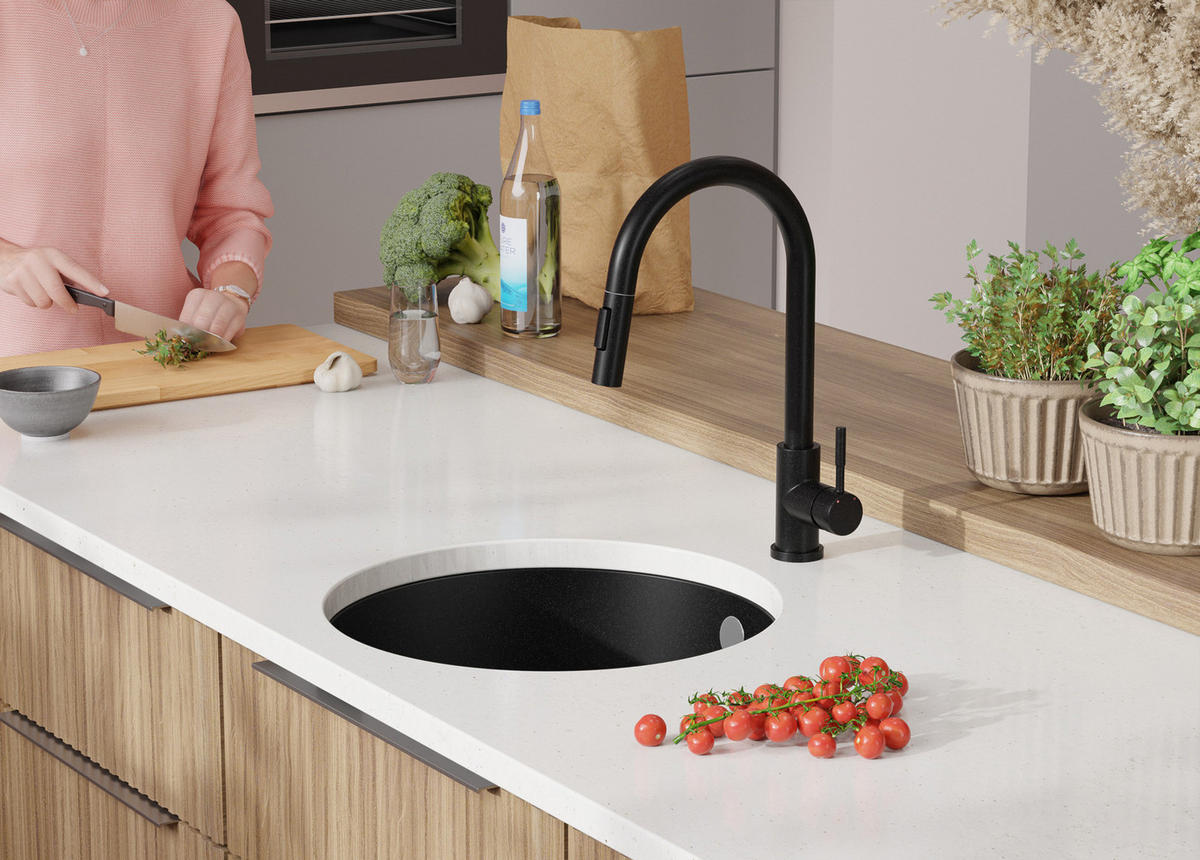 UNTERBAUSPÜLE GRANIT Valletta, 2-er set Alles Schwarz 46/46 cm 1 Becken + Ablauf-Set ab 50er Unterschrank - Schwarz, Kunststoff (46/20/46cm) - Primagran