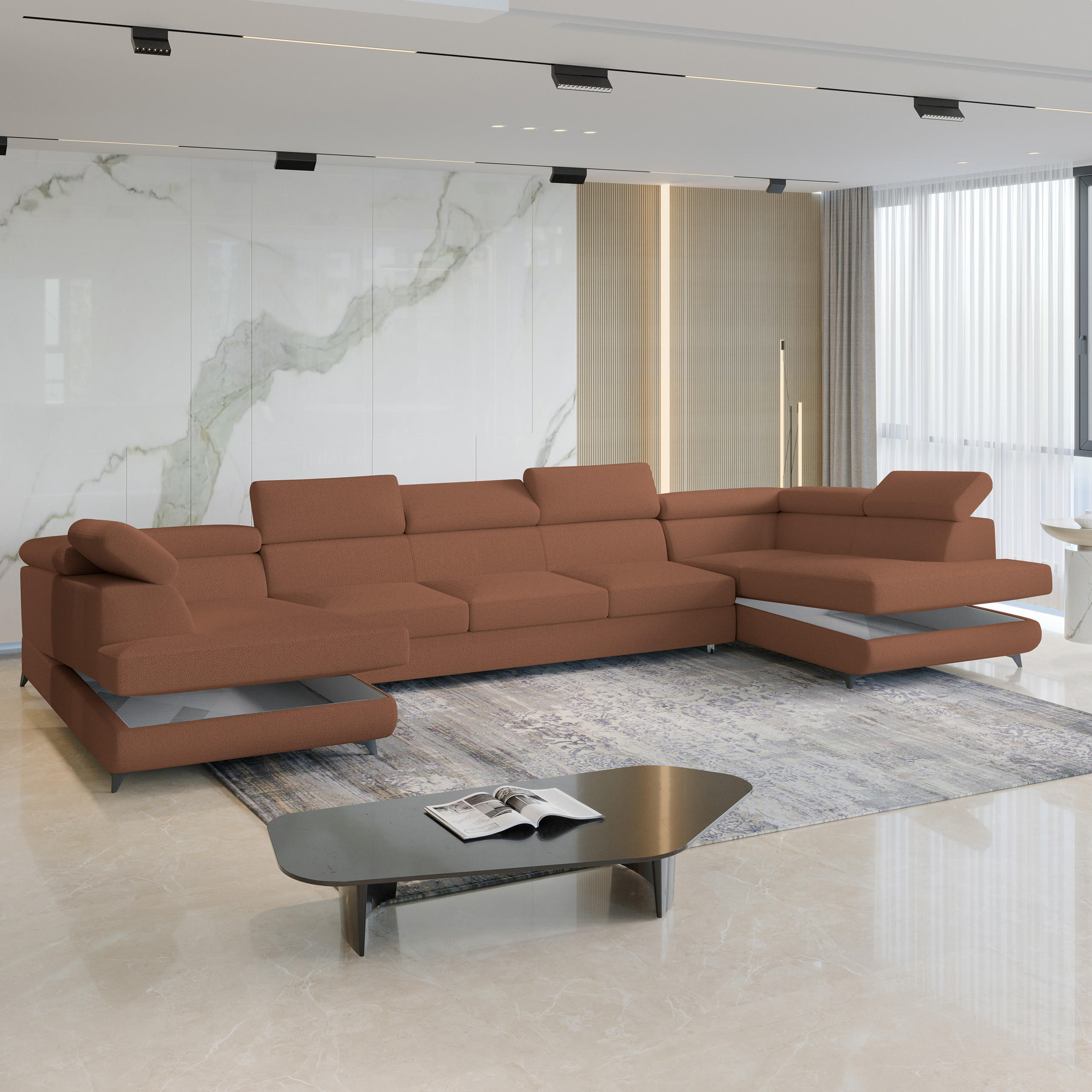 WOHNLANDSCHAFT URMANO Kupferfarben Boucle-Stoff mit Schlaffunktion - Kupferfarben, Holz (395/89/190cm) - MASSENO