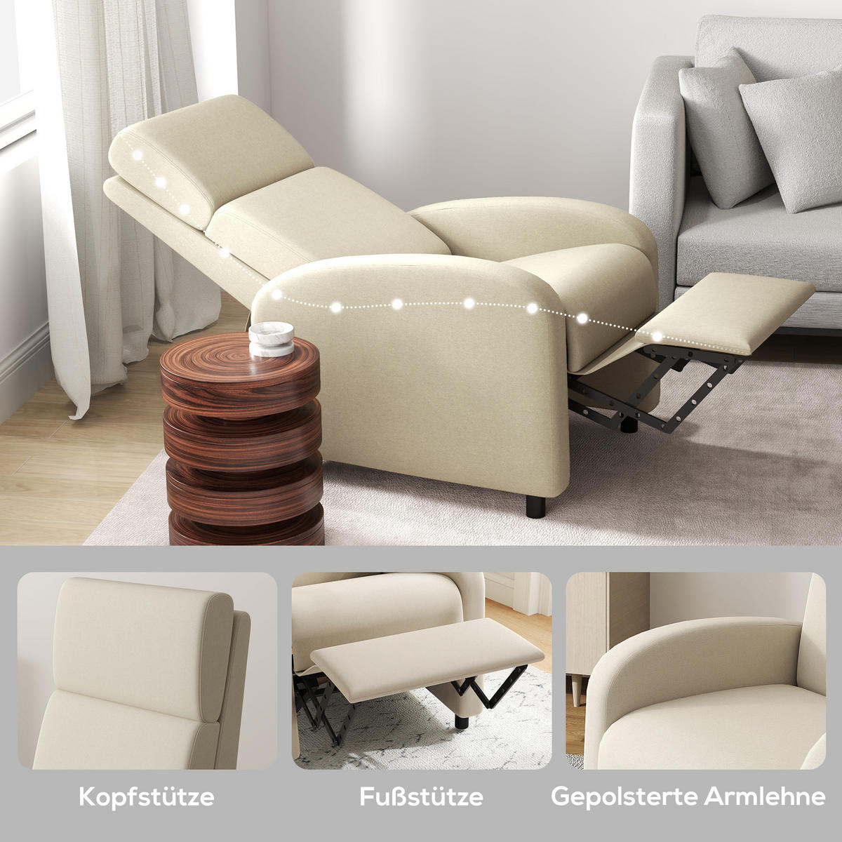 RELAXSESSEL gepolstert Fernsehsessel mit Liegefunktion bis 120 kg Belastbar - Creme/Schwarz, Kunststoff/Textil (64/102/86cm) - HOMCOM