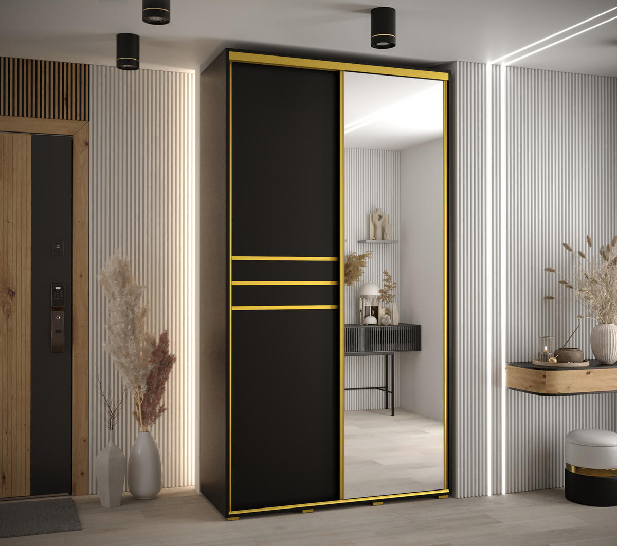 SCHWEBETÜRENSCHRANK 235,2/130/45 2-türig - Goldfarben/Schwarz, Holz/Metall (130/235/45cm) - Abiks Möbel