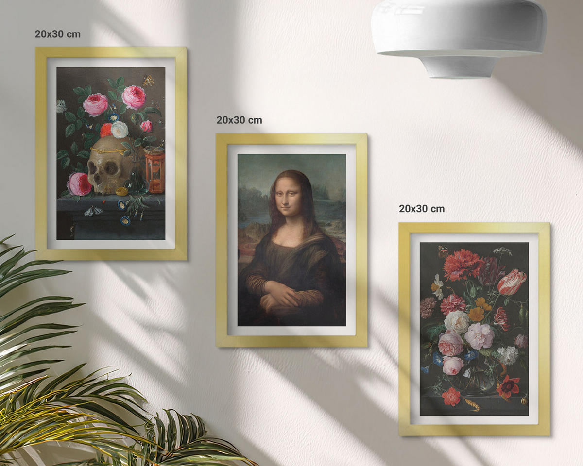 BILDER SET 3er Set - 20x30 cm Goldrahmen - Blumenschädel-Porträt Mona Lisa - Goldfarben, Kunststoff (20/30cm) - TULUP