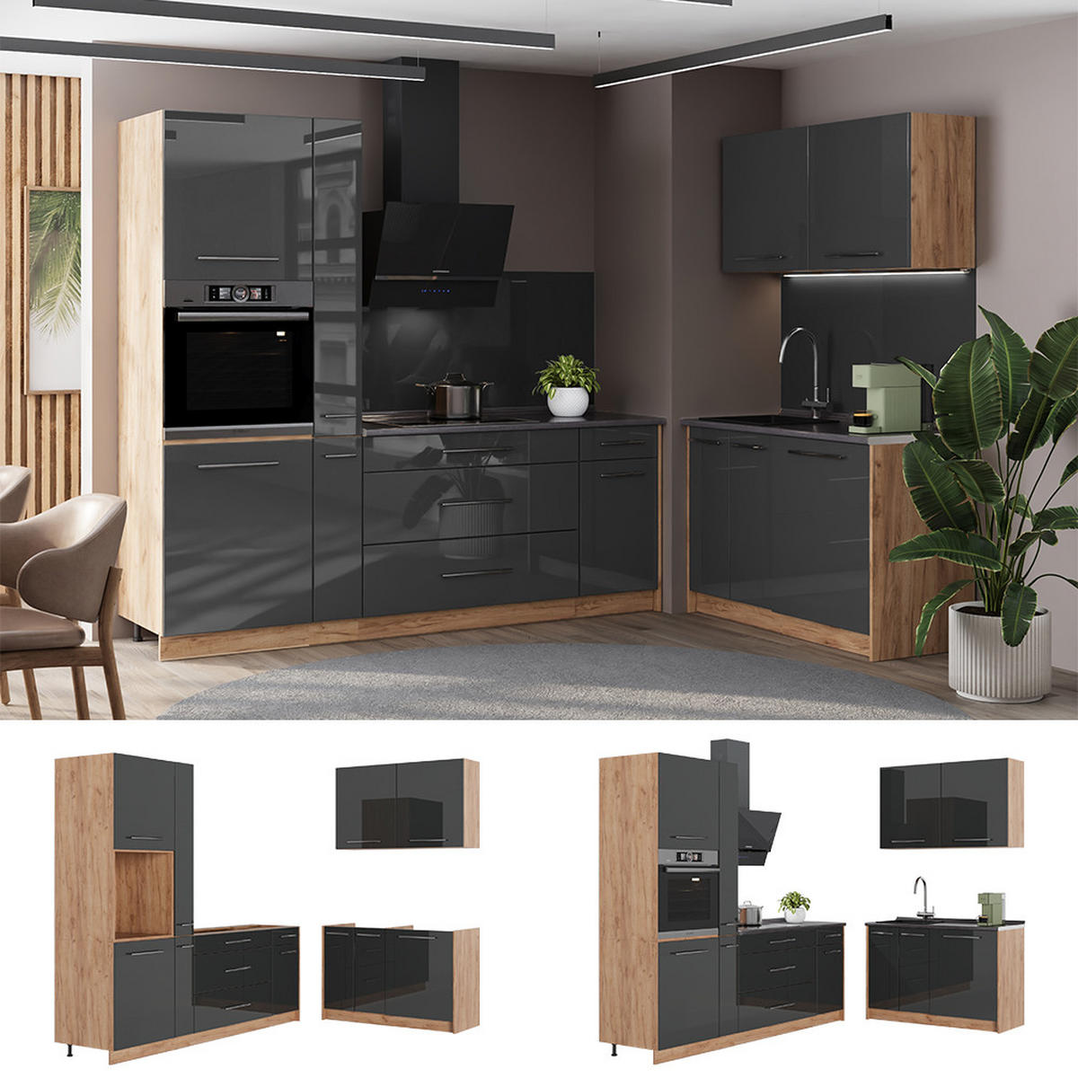 KUCHYNĚ Fame-Line, Antracitový vysoký lesk/Zlatý mocný dub, 220 x 120 cm, PD Dub - medově dubová/vysoce lesklá černá, kompozitní dřevo (220/206.8/60cm) - Vicco