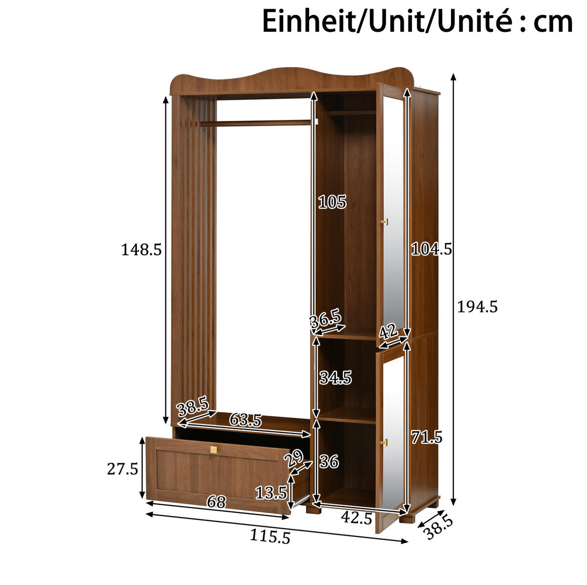 GARDEROBENSCHRANK 115,5/38,5/194,5 cm Nussbaum aus MDF mit Spiegel - Walnussfarben, Holzwerkstoff (115.5/194.5/38.5cm) - OKWISH