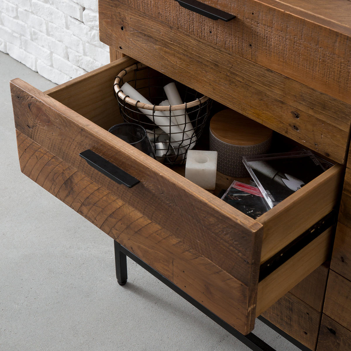 SIDEBOARD mit 2 Türen - Pinie massiv / Metall - Schwarz/Pinienfarben, Holz (160/80/45cm) - home24