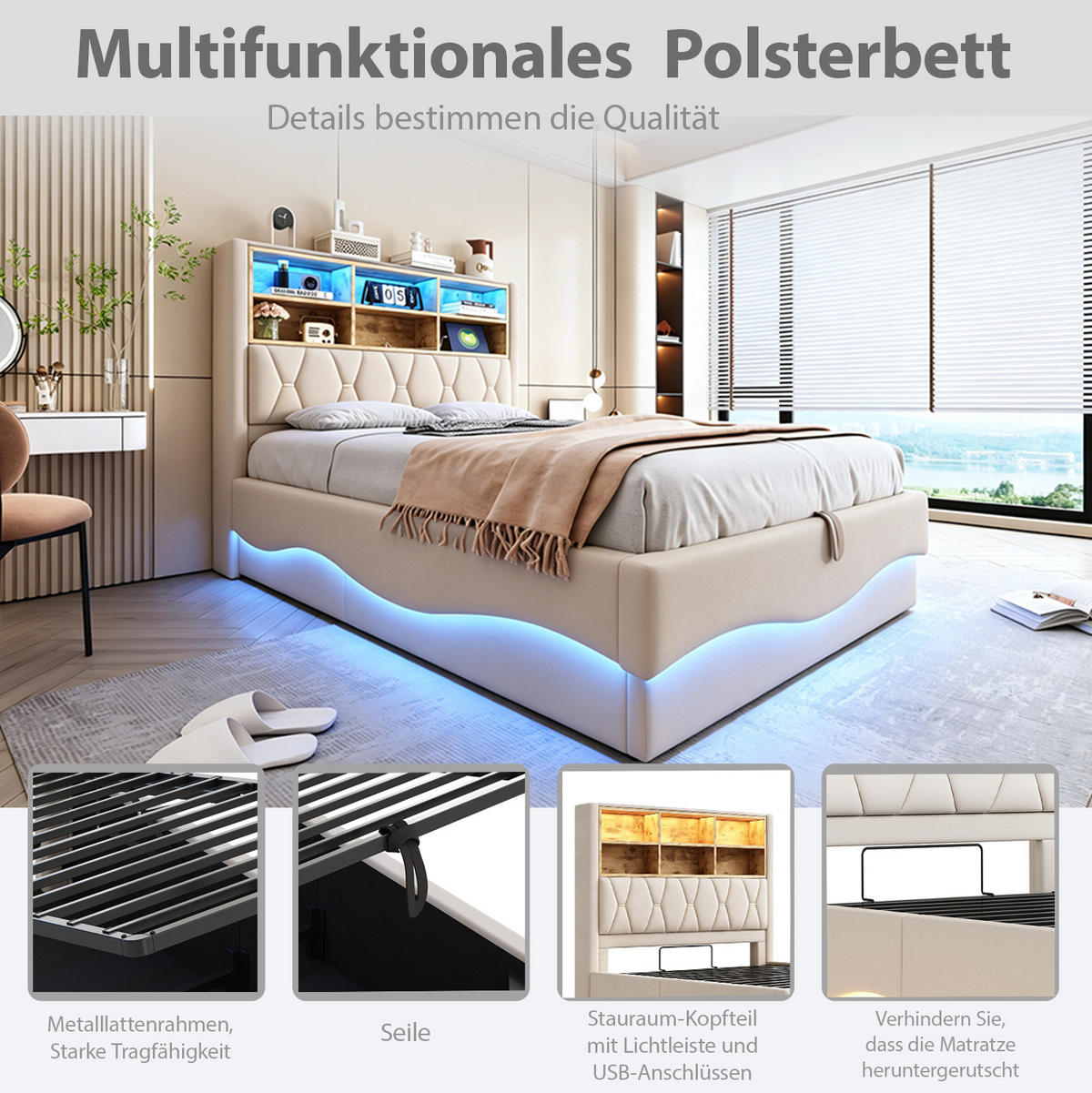 POLSTERBETT aus Leinen, Metall und Holzwerkstoffen 140x200 cm Beige mit LED-Beleuchtung, USB und Stauraum - Beige, Metall (140/200cm) - Modfu