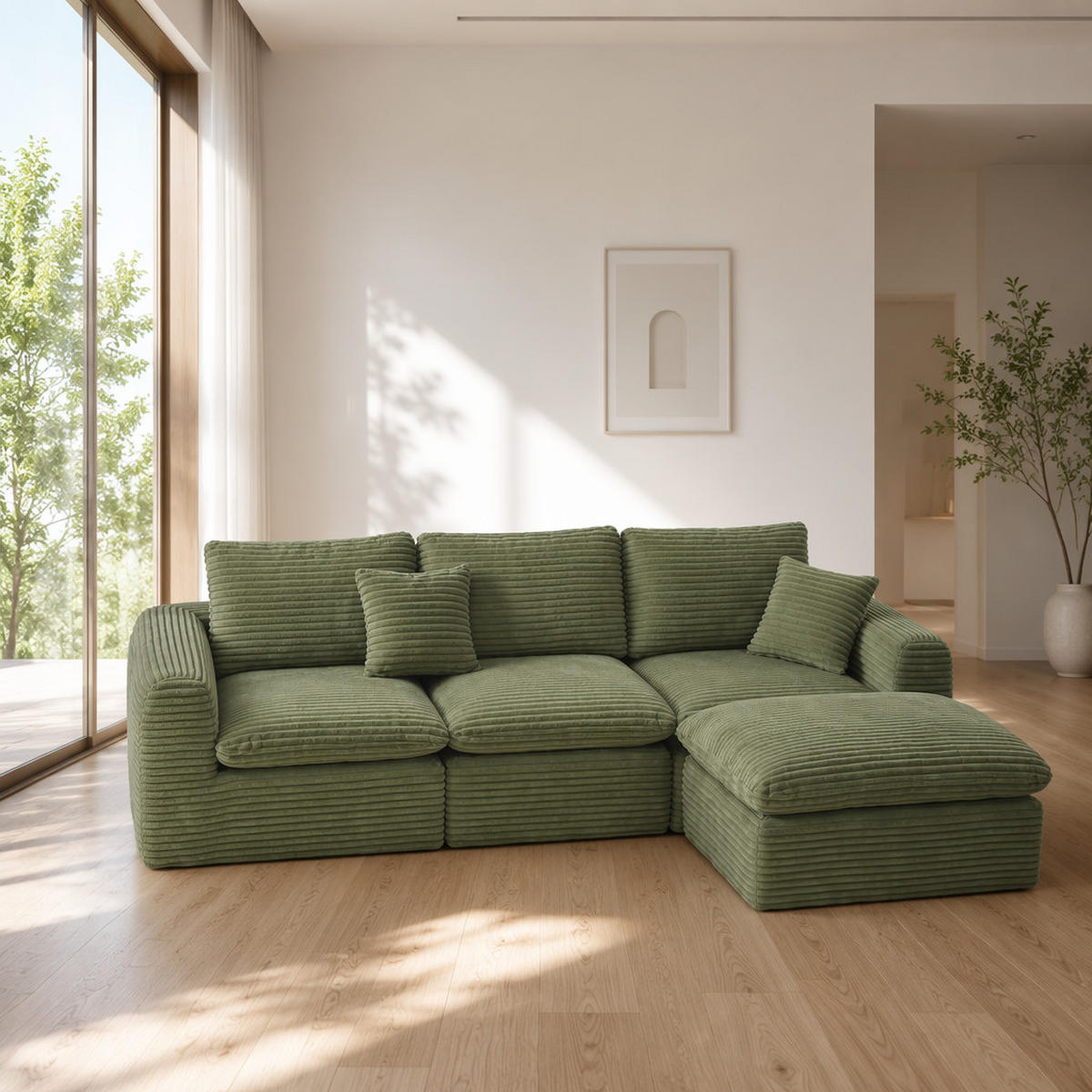 ECKSOFA 280/180/65 cm Grün Cord mit 1 Fußhocker - Grün, Textil (180/280cm) - Oxeza