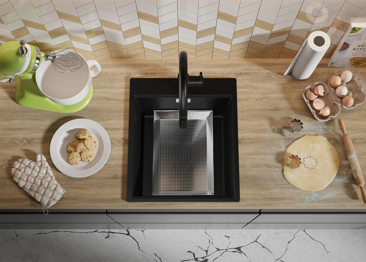 SPÜLBECKEN Oslo, 2-er set Schwarz Metallic 43/50 cm 1 Becken + Ablauf-Set + Schneidebrett ab 45er Unterschrank - Chromfarben/Schwarz Hochglanz, Kunststoff (43/20/50cm) - Primagran