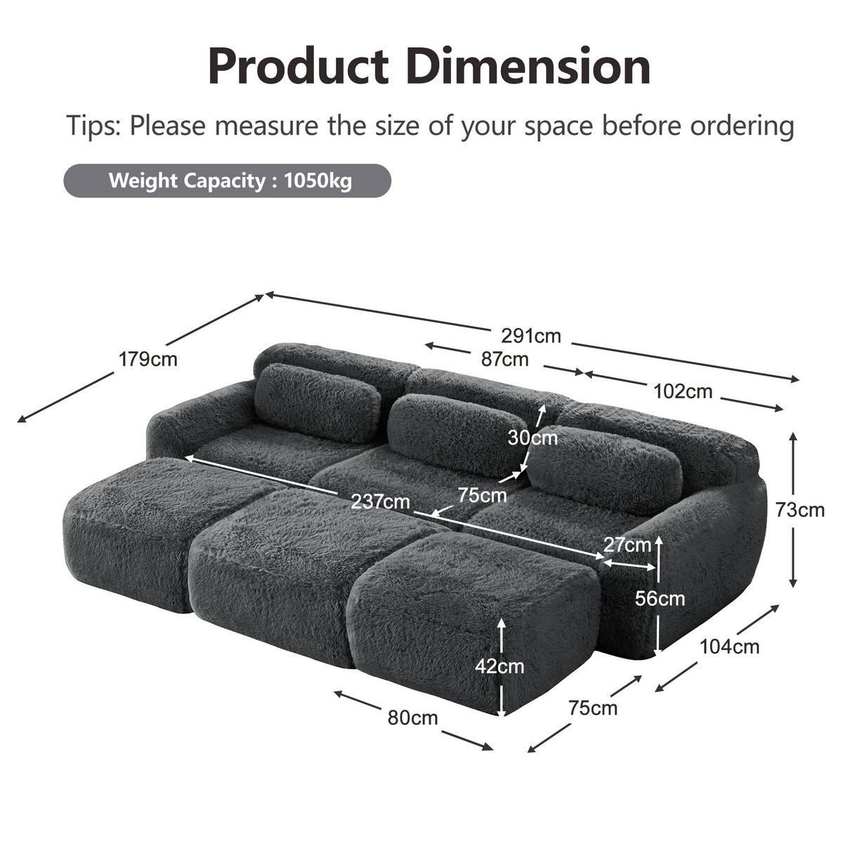 SOFA modular mit 3 Ottomanen Plüsch Grau - Grau, Kunststoff (179/73/291.1cm) - Meubliv