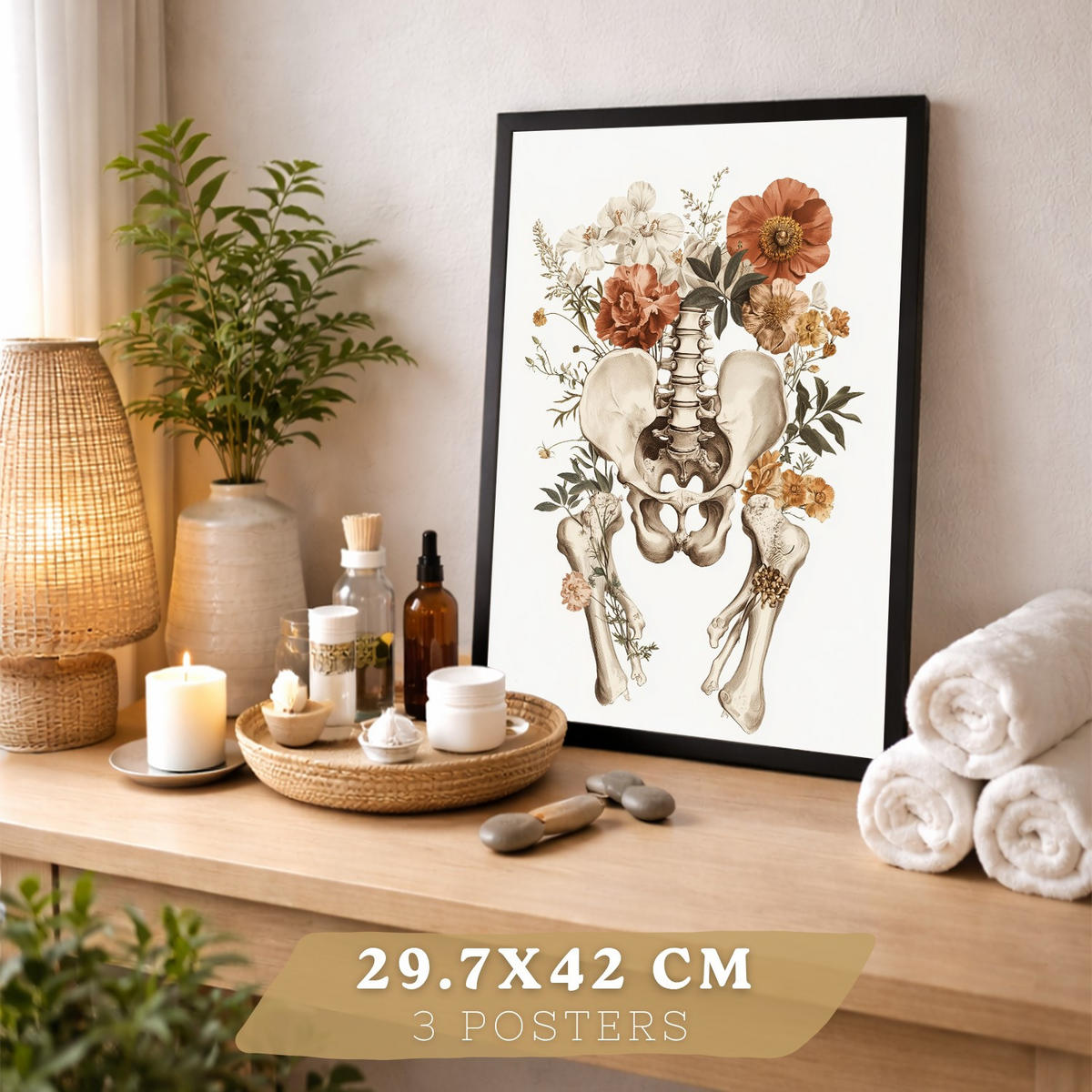 POSTER Set aus 3 Anatomie Mensch Florale Vintage Drucke und Wandbilder mit Herz Brustkorb und Becken Medizinische Wanddekoration Größe Rahmenlos A3 - Klar, Papier (29.7/42/3cm) - Nacnic
