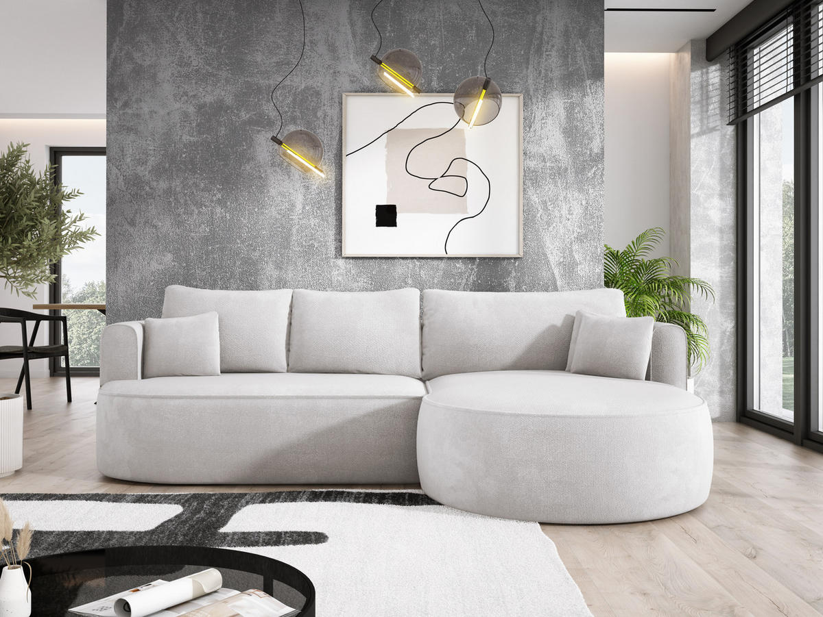 ECKSOFA FIORE-L Moderne Ausziehbare Schlaf-Funktion, automatischer Auffaltung, lose Rückenkissen freistehend RECHTS 284x183x82 cm cm White - Weiß Hochglanz, Holz/Textil (284/183cm) - DomoHome
