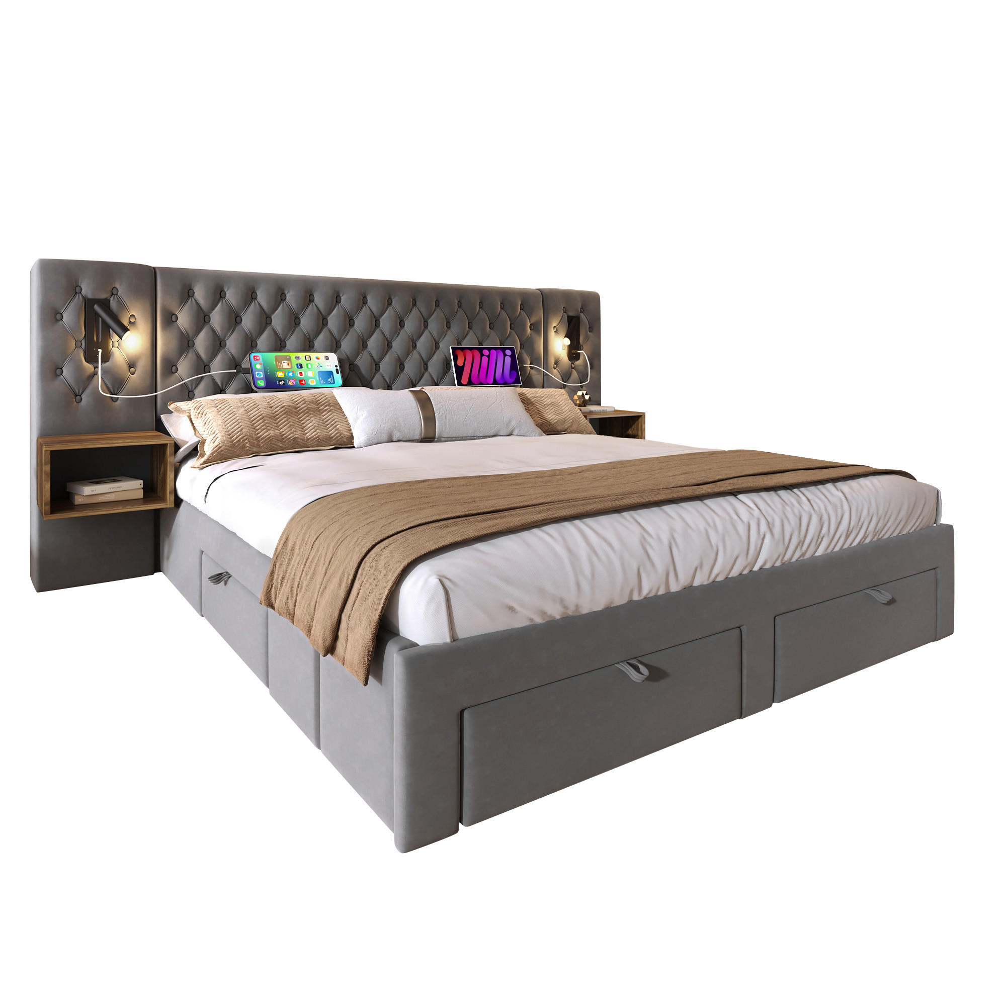 POLSTERBETT aus Samt 160x200 cm in Grau mit Matratze & LED-Leselicht - Grau, Textil (160/200cm) - Modfu