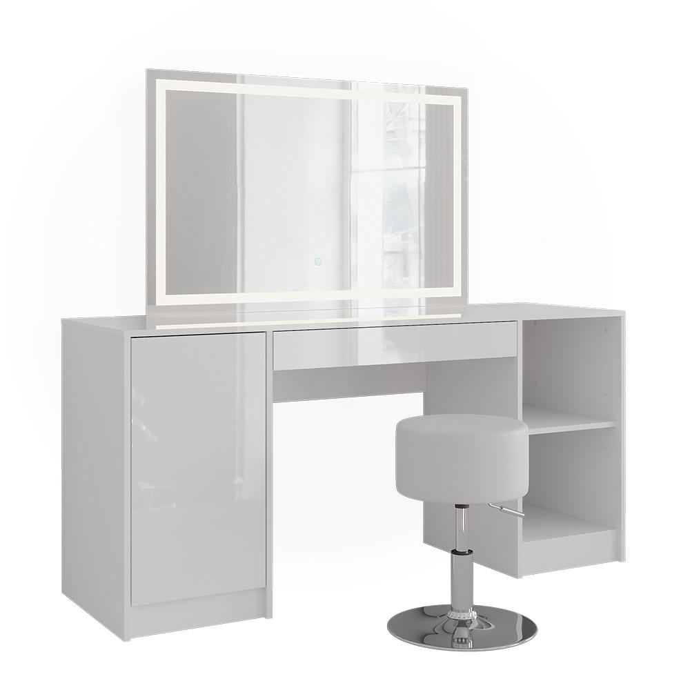 SCHMINKTISCH Sherry Weiß/Weiß Hochglanz 158.2 cm mit LED-Spiegel und Hocker - Weiß Hochglanz, Holzwerkstoff (158.2/76/50.1cm) - Vicco