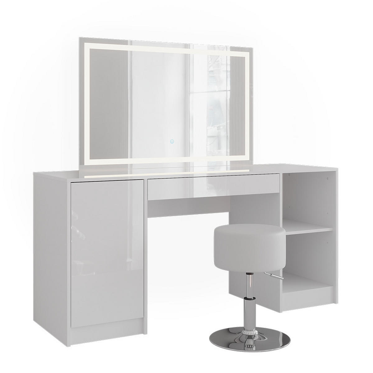 SCHMINKTISCH Sherry Weiß/Weiß Hochglanz 158.2 cm mit LED-Spiegel und Hocker - Weiß Hochglanz, Holzwerkstoff (158.2/76/50.1cm) - Vicco