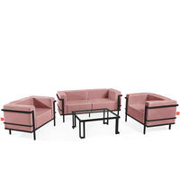 GARTENLOUNGE-SET TRIGLO 4-tlg., 1x Tisch, 2x Sessel, 1x Sofa 2-Sitzer, Modern, Dunkelgrau - Dunkelgrau/Rot, Glas/Textil - KONSIMO®