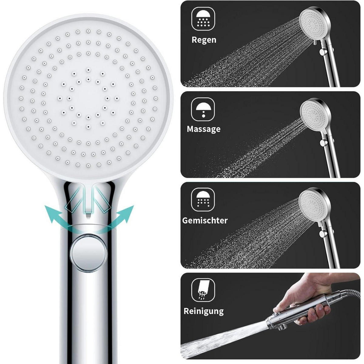 HANDBRAUSE Set mit 3 Strahlarten und Wassersparfunktion - Silberfarben, Metall (9/12.7/24.5cm)